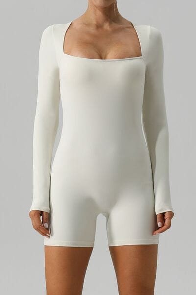 Square Neck Long Sleeve Active Romper Activewear Trendsi Ivory / S