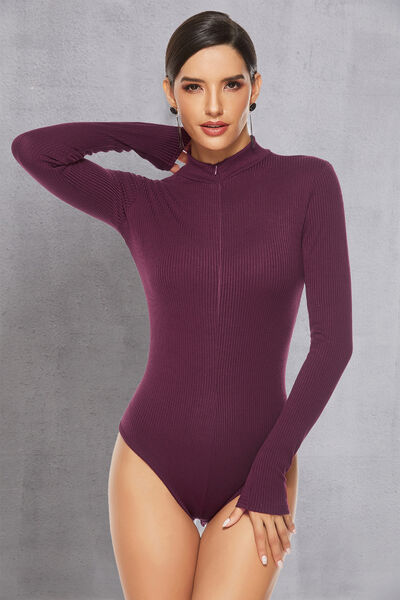 Full Size Ribbed Half Zip Long Sleeve Bodysuit Activewear Trendsi Magenta / S