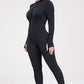 Zip Up Ribbed Long Sleeve Skinny Active Jumpsuit Alpha C Apparel Sports Trendsi