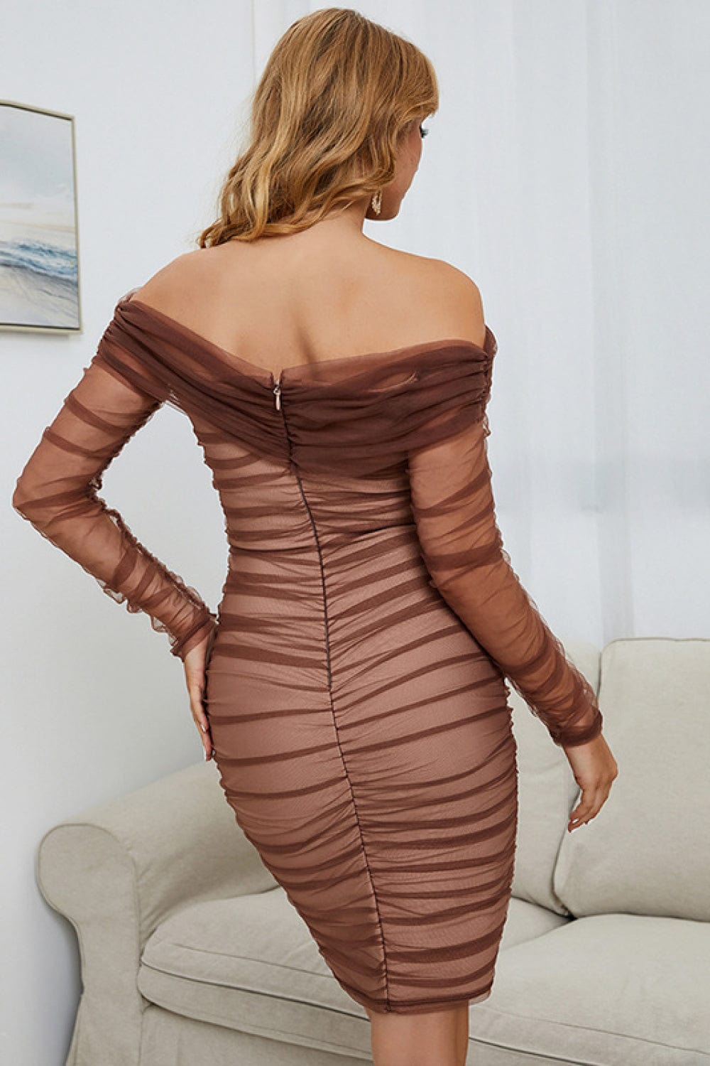 Off-Shoulder Ruched Long Sleeve Tulle Dress short dress Trendsi