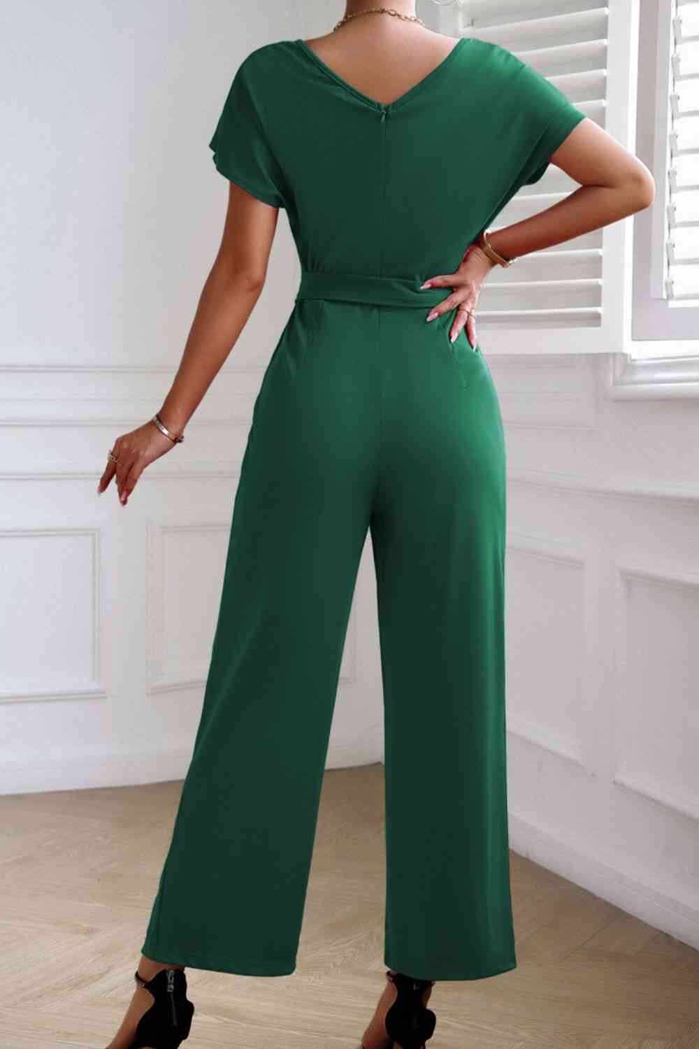 Tie Waist V-Neck Short Sleeve Jumpsuit Trendsi