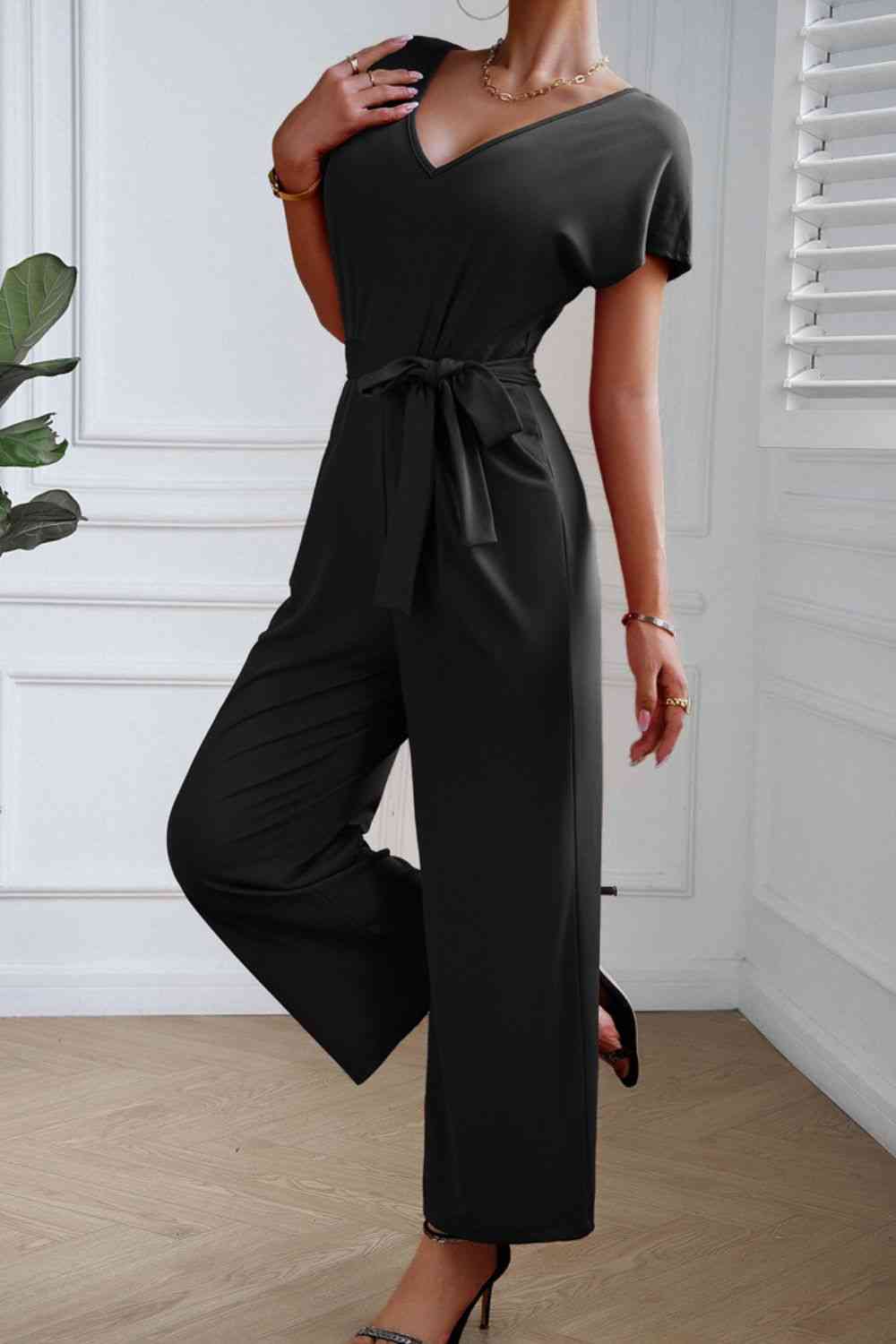 Tie Waist V-Neck Short Sleeve Jumpsuit Trendsi